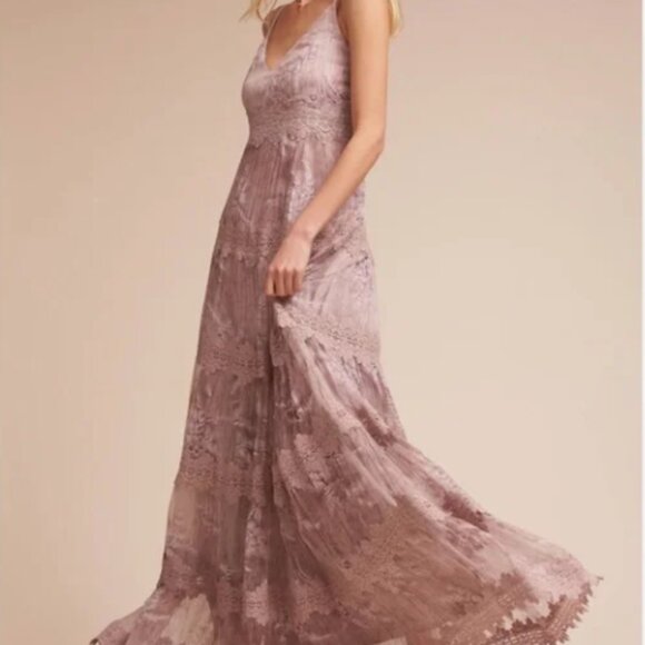 BHLDN Lace Maxi Dress Size 4 Purple Rose Gold Formal Dress Wedding Guest Elegant - Picture 1 of 15